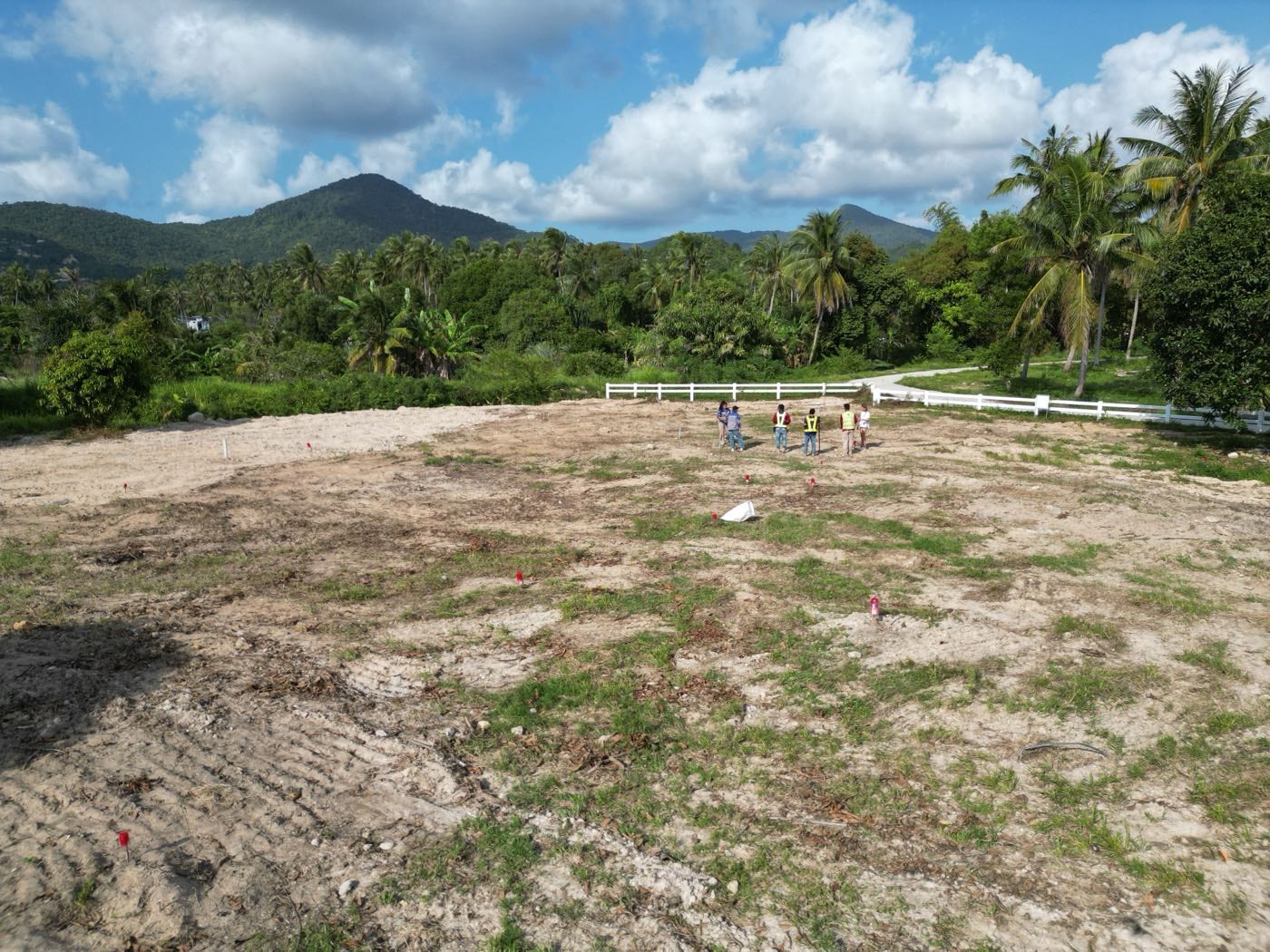 The site cleared and levelled, survey pegs in the ground and a small team in high-visibility vests setting out, with the Koh Phangan hills behind