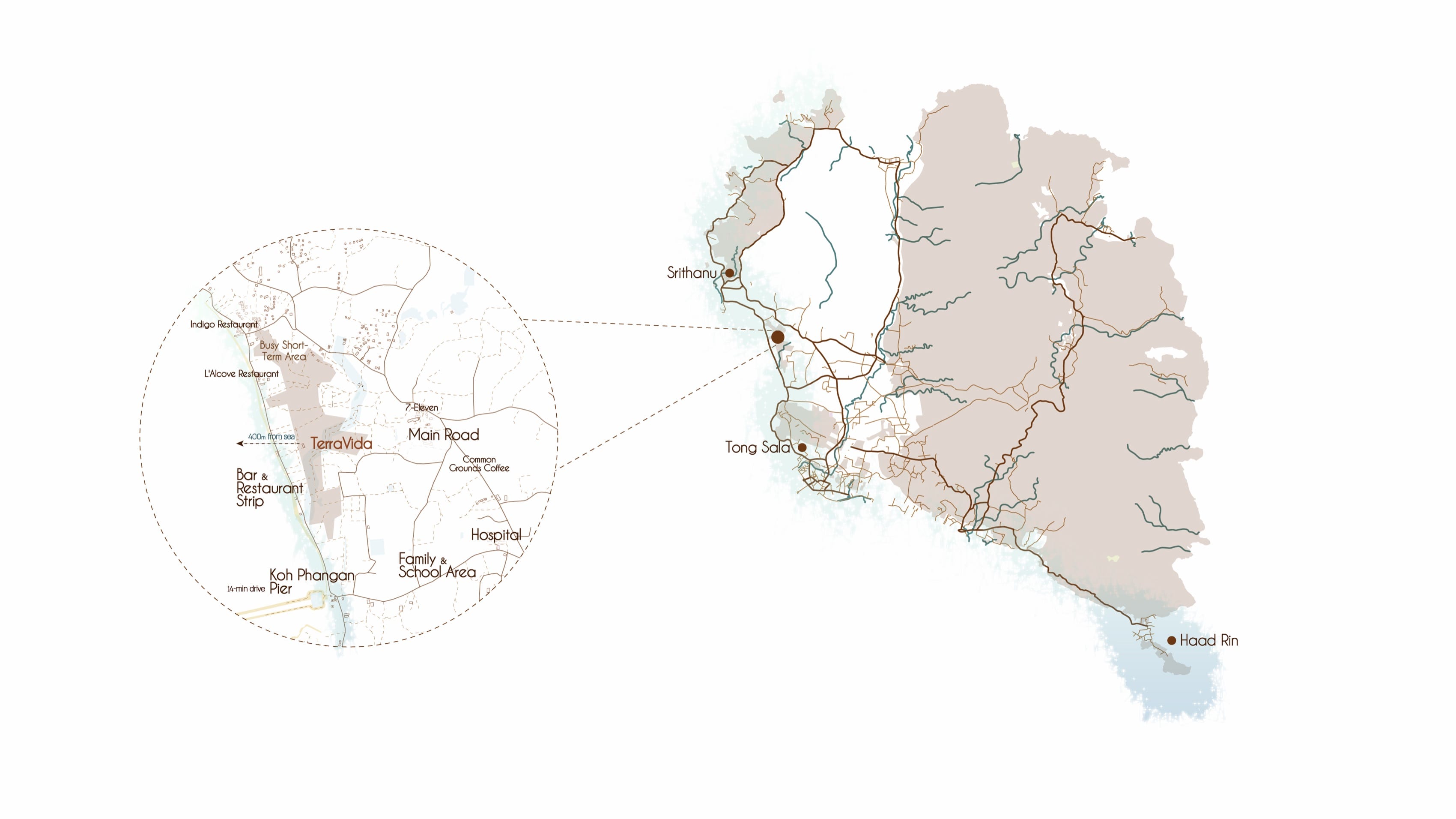 Orientation map of Koh Phangan with TerraVida marked at Hin Kong on the west coast, showing Srithanu, Thong Sala and Haad Rin, and a detail view naming the beach, the restaurant strip, the hospital, the school area and the pier