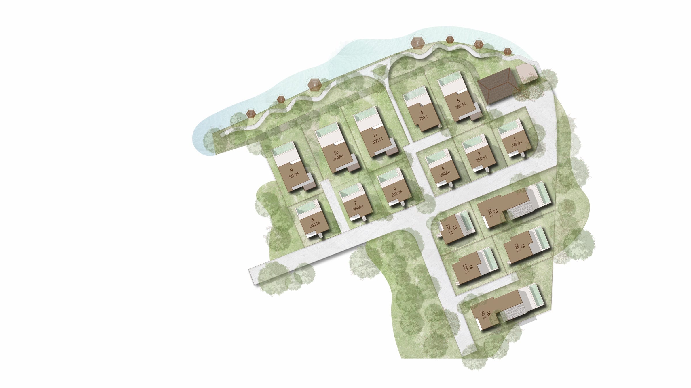 Painted site plan of the village seen from above