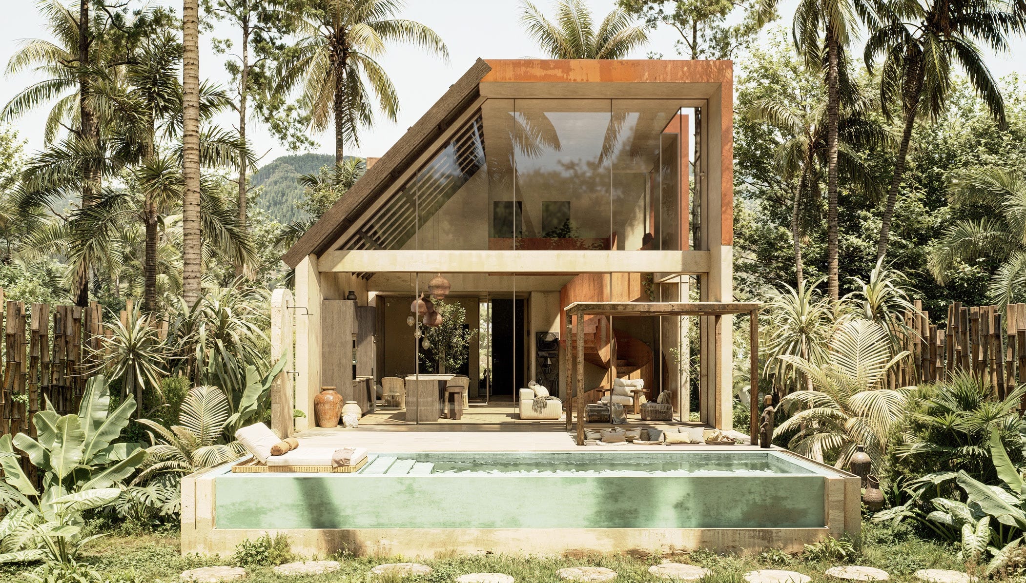 A TerraVida villa at dusk, its pool reflecting the coconut grove behind it