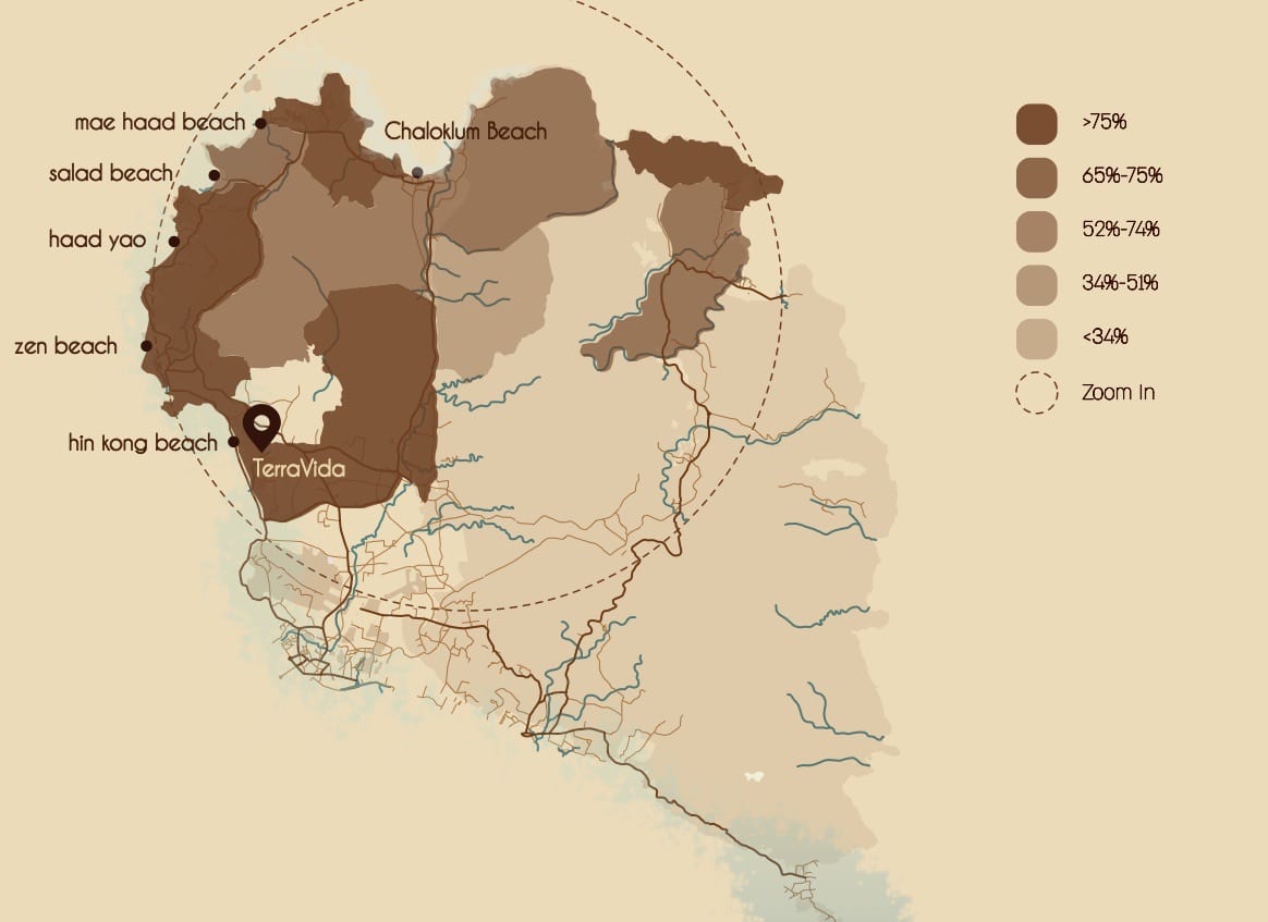 Map of Koh Phangan shaded by annual average occupancy, with TerraVida marked at Hin Kong on the west coast