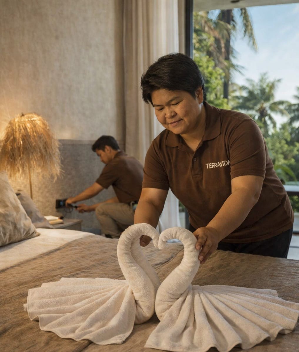 Housekeeping preparing a villa between stays