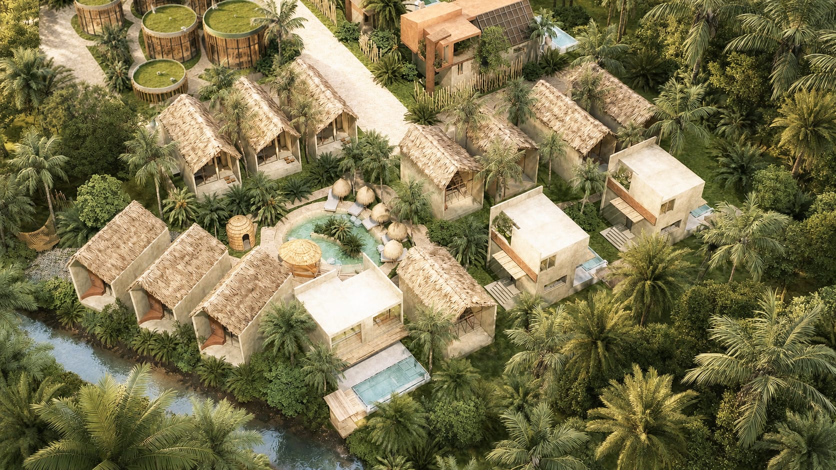 Phase Two from the air — thatched one-bedroom houses gathered around the common pool
