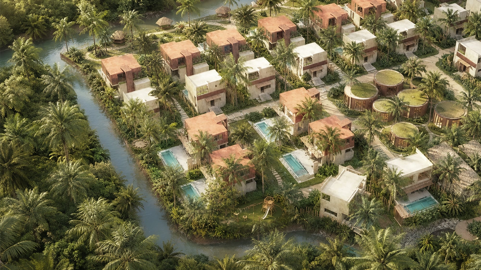 Phase Three from the air — two- and three-bedroom villas above the canal, beside the garden pavilions